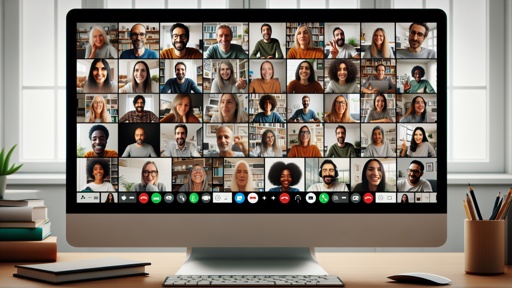 Computer Screen with online meeting showing many faces